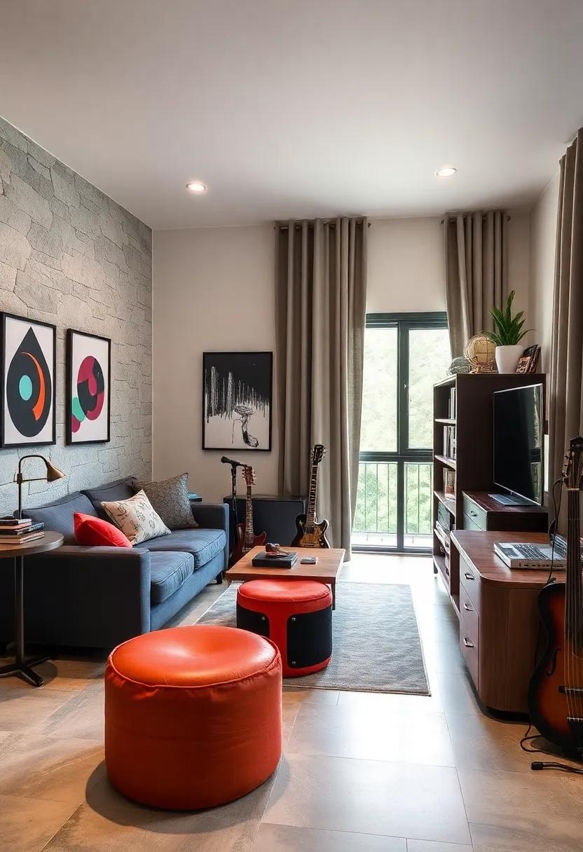 Music-themed Furniture: Look for funky, music-inspired furniture pieces like stools shaped like instruments to enhance the theme