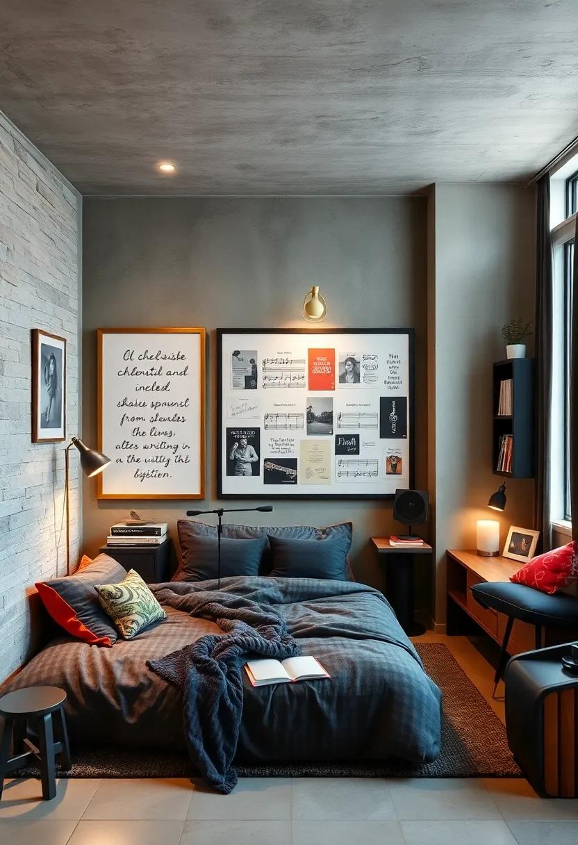 Soundtrack Snippets: Include a whiteboard or chalkboard that showcases snippets from songs he loves,encouraging creative writing