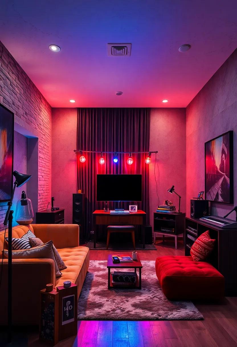 Stage Lighting: Install mood lighting with LED strips or colored bulbs that can synchronize with music for an immersive experience