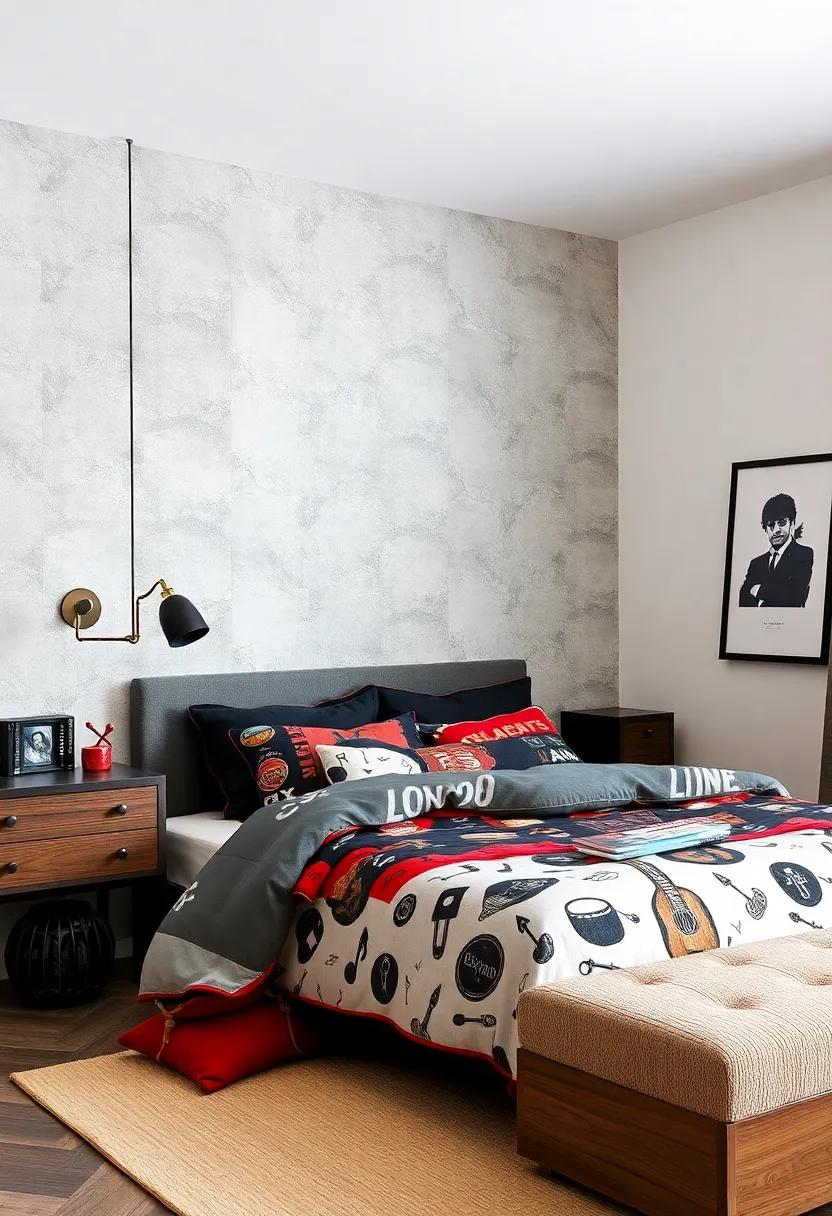 Themed Bedding: Choose bedding that features music motifs or his favorite bands to tie the room’s theme together in a stylish way