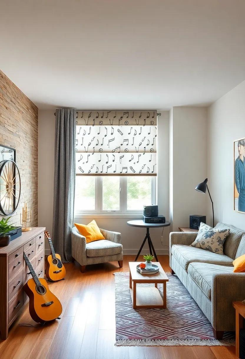 Window Treatments: Find curtains or blinds patterned with musical themes, such as notes or instruments, to complement the room’s design