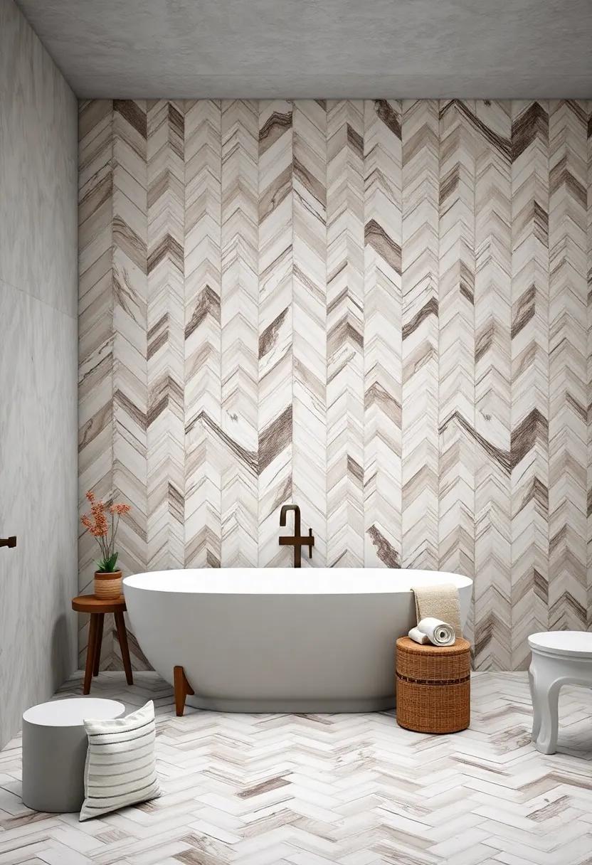Dramatic Marble Herringbone: Explore the elegant arrangement of herringbone marble tiles that add sophistication and intrigue to your walls