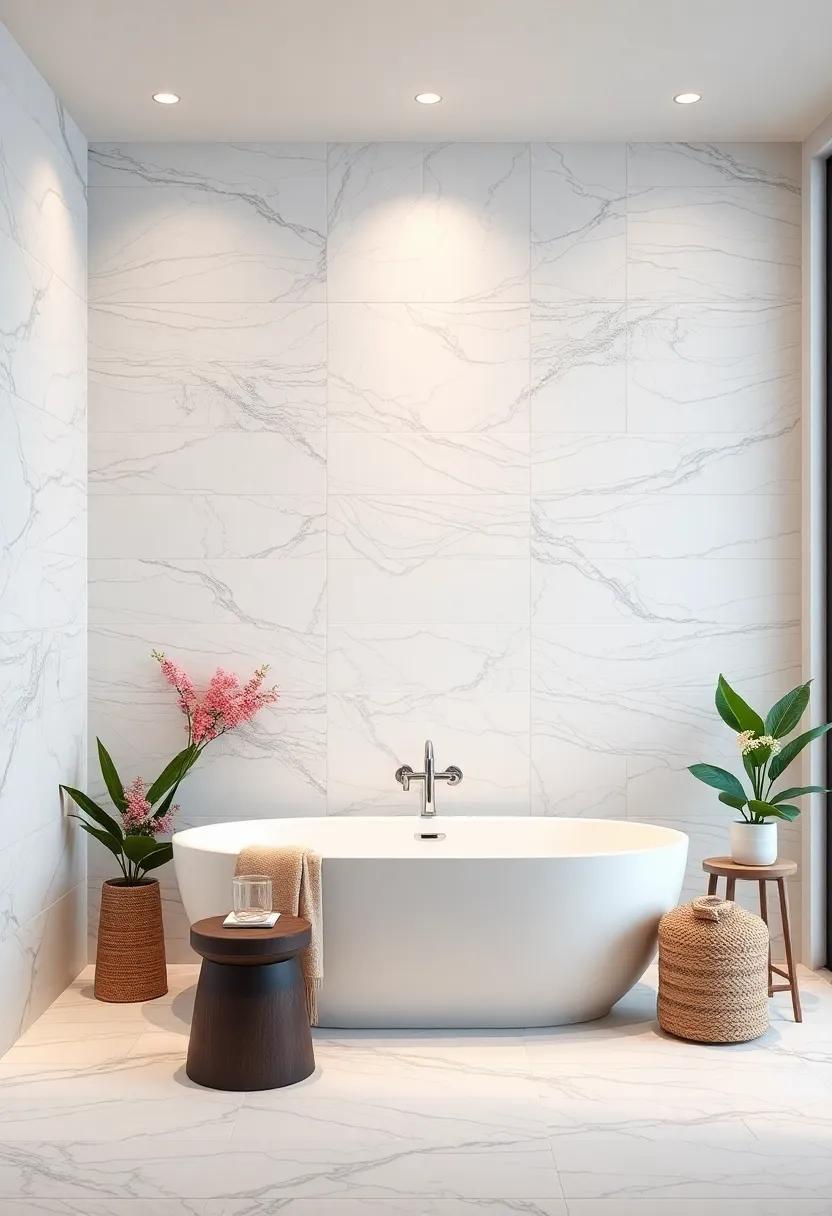 Elegant White Marble: Delve into the timeless elegance of white marble tiles, showcasing stunning veining that can elevate any bathroom decor