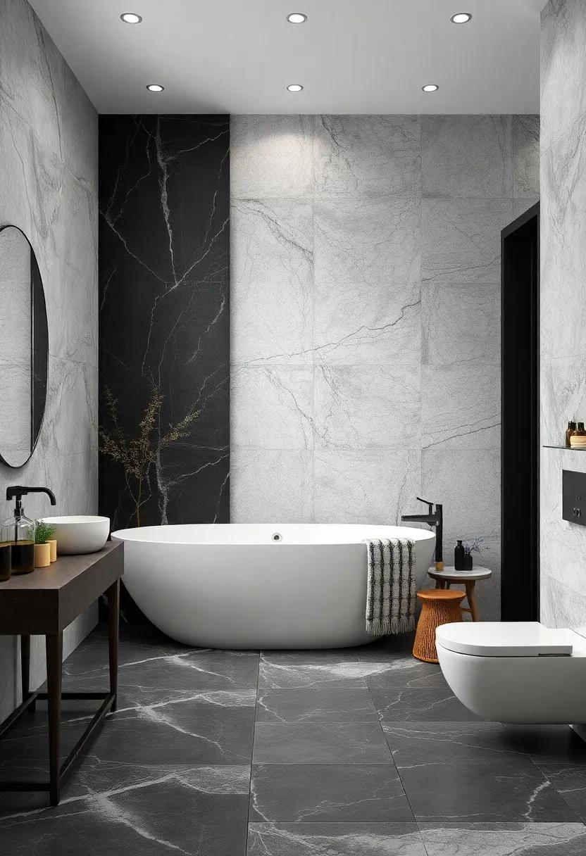 Timeless Black and White: See how a monochromatic approach using black and white natural stone tiles can create a chic and classic look in your bathroom