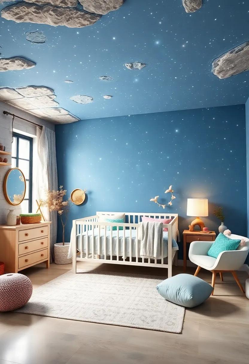 Starry Night Sky: Paint the ceiling a soft blue and add glow-in-the-dark stars to create a mesmerizing night sky effect for bedtime