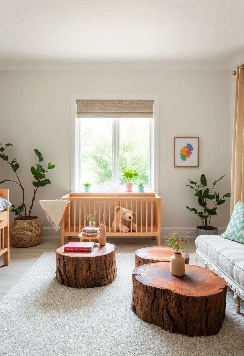 Tree Stump Side Tables: Use tree stump-style side tables that double as playful decor and functional pieces for books or toys