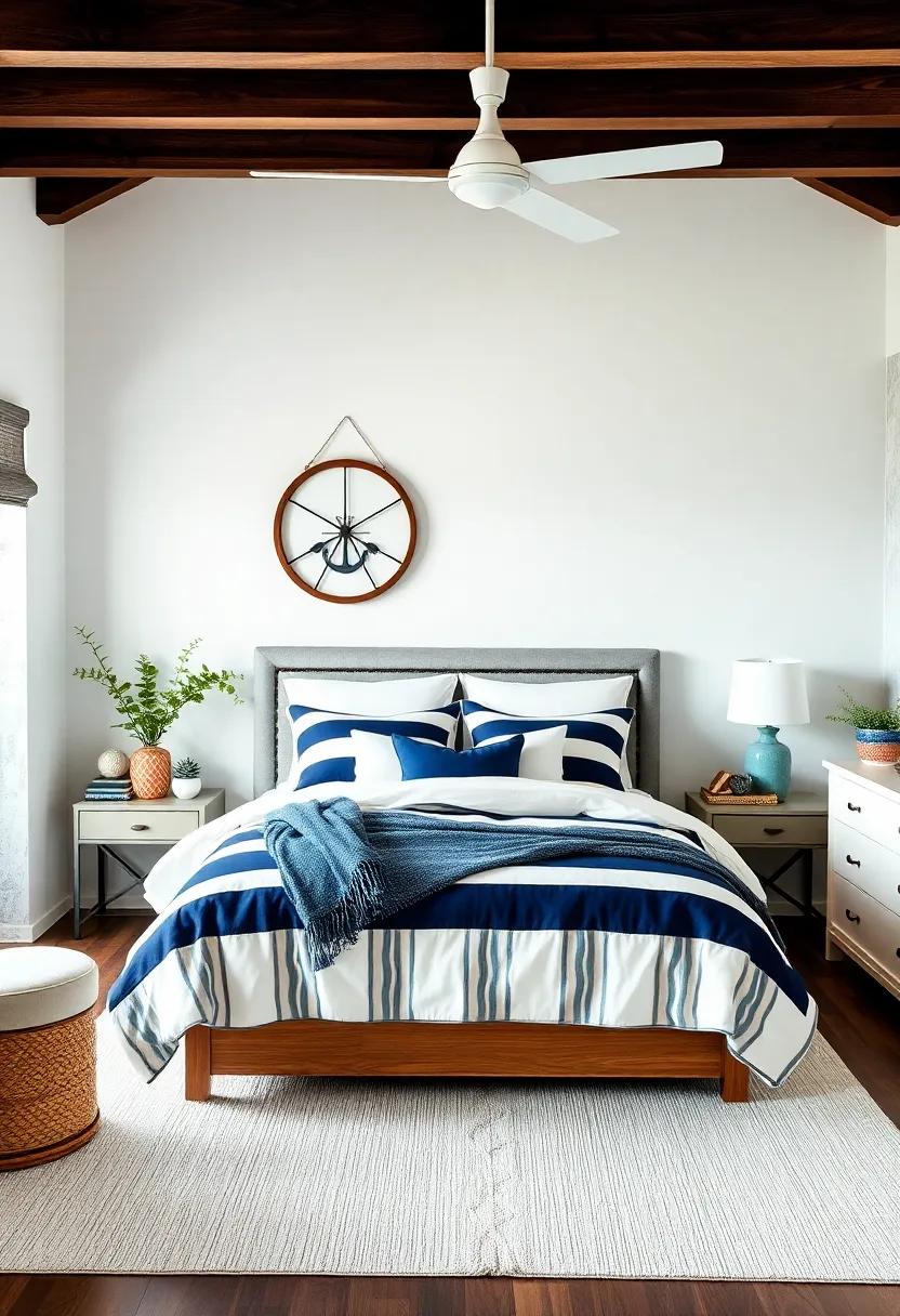 Bright Striped Bedding: Infuse a touch of the seaside with bold nautical ​stripes in navy and white for a vibrant, nautical-themed bedroom