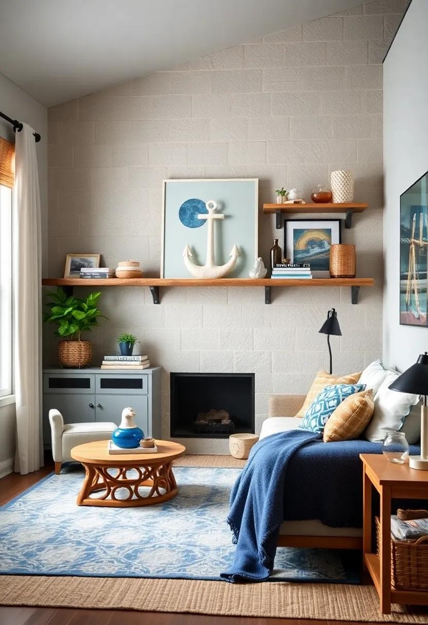 Driftwood Shelving: Install ​rustic driftwood shelves to showcase treasures from beach days, adding a natural touch to the nautical theme