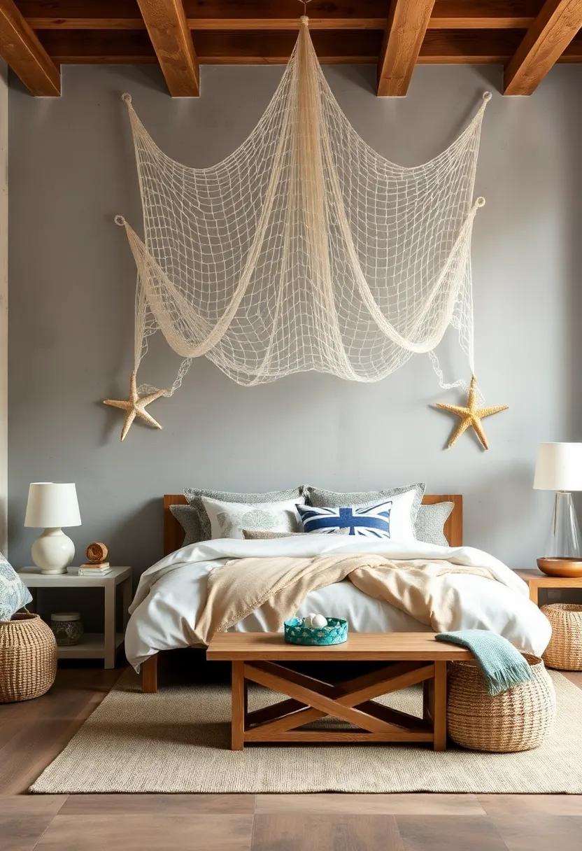 netting and Shell Decor: Hang decorative fishing netting adorned with shells and starfish for​ a ⁢whimsical touch ​that brings coastal⁤ vibes indoors
