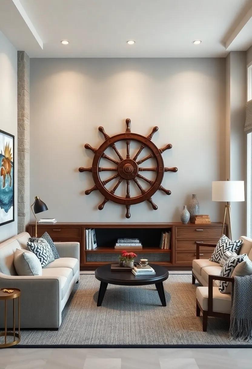 Ship Wheel Wall Art: Showcase a replica ship wheel on the wall to evoke a sense of‍ adventure and the vast ocean, serving as a striking focal point