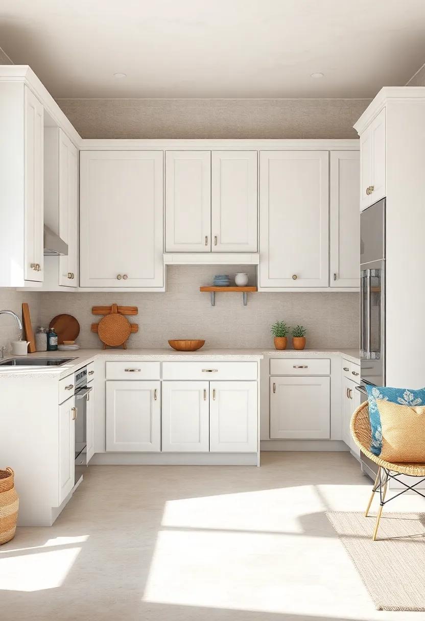 Coastal ⁢Vibes: Uncover the beauty of a​ beachy kitchen‍ adorned with airy⁢ white ‍cabinets, soft blues, and sandy beige elements that evoke a serene seaside escape