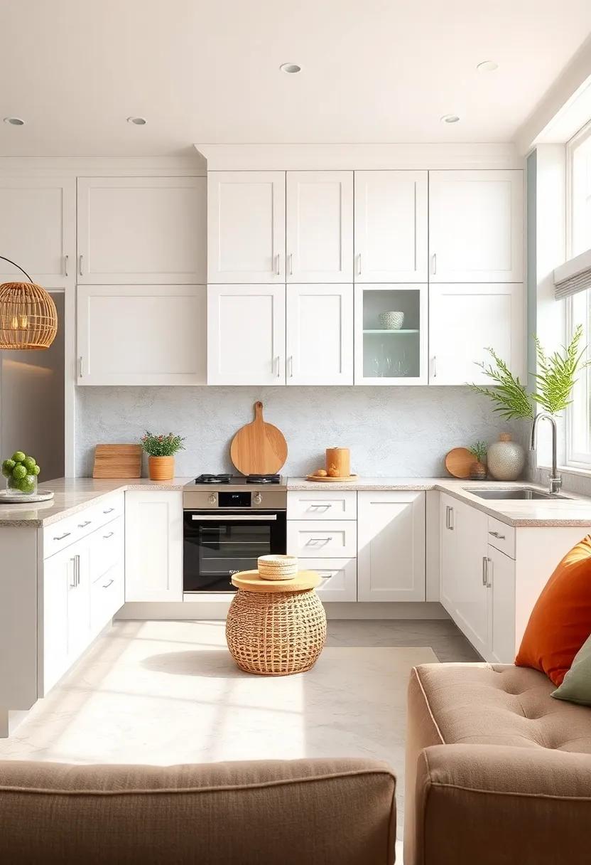 Textured Materials: Investigate the integration of textured surfaces, such as ⁢rattan or woven materials, with white cabinetry for a layered aesthetic