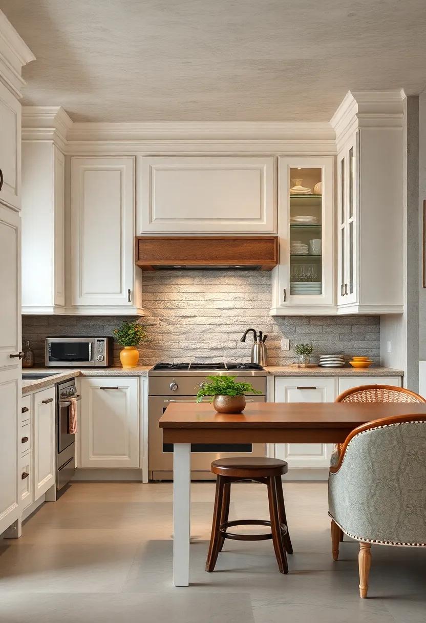 Vintage Allure: Delve into a nostalgic kitchen design​ featuring white cabinets framed in⁤ intricate moldings, with retro appliances that⁣ add character and charm