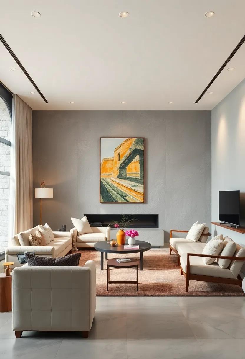 Blend in lighting with artwork by using spotlighting to highlight pieces while keeping the overall aesthetic neutral