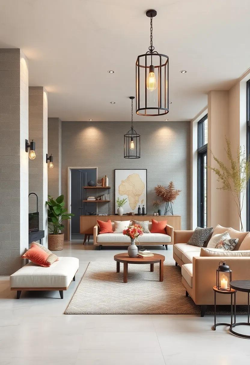 Consider using lantern-style lighting for an inviting touch that resonates with both rustic and contemporary themes