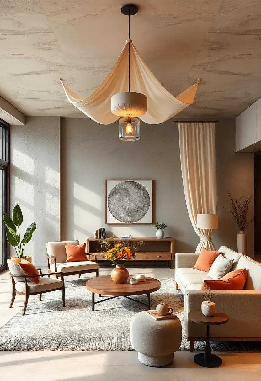 Create a cozy ambiance by draping fabric canopies around light fixtures, softening their presence while letting warmth radiate