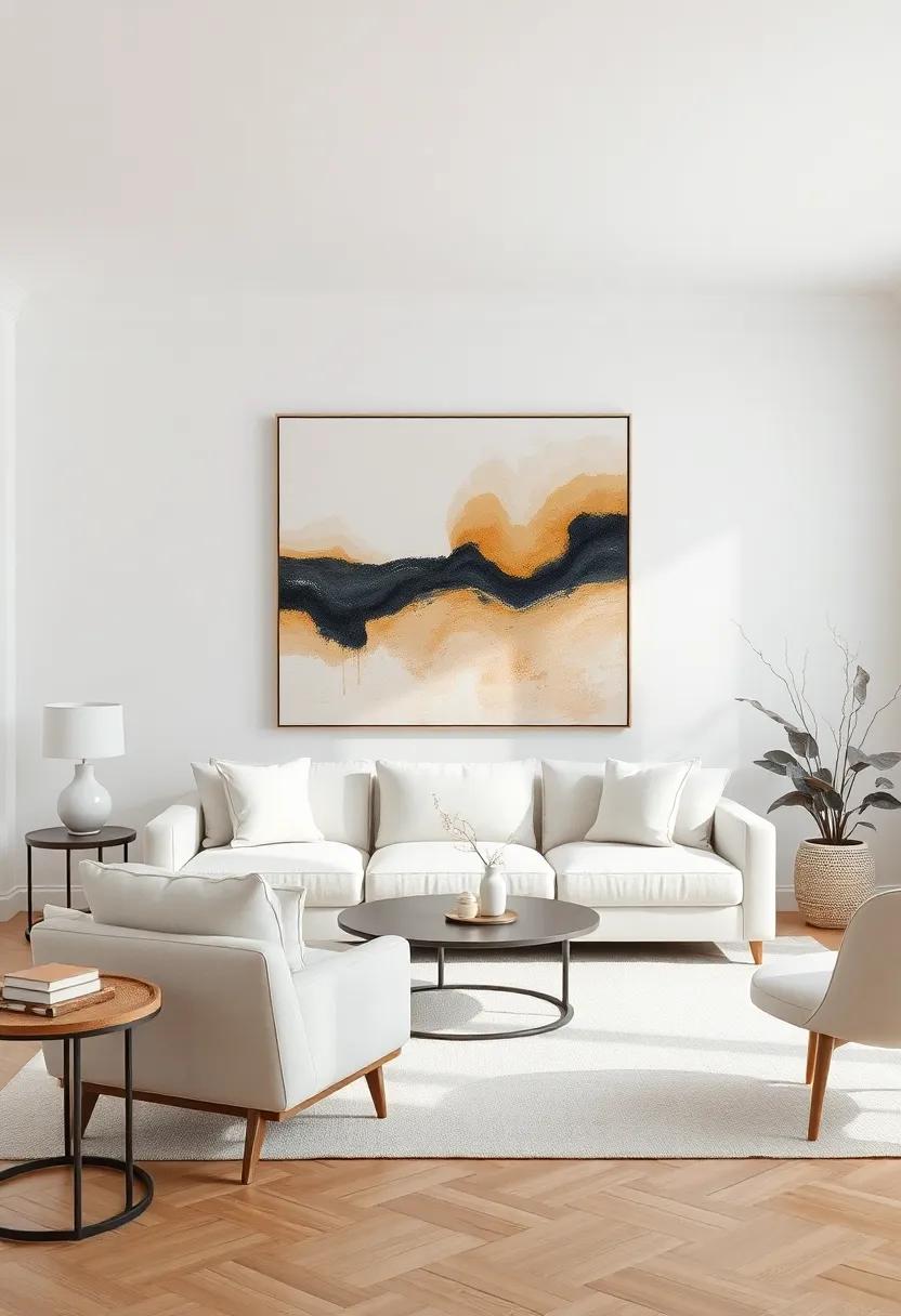 Embrace a Soft Palette: Choose warm whites and creamy beiges as the backdrop for your abstract art, allowing colors to pop without overwhelming the space