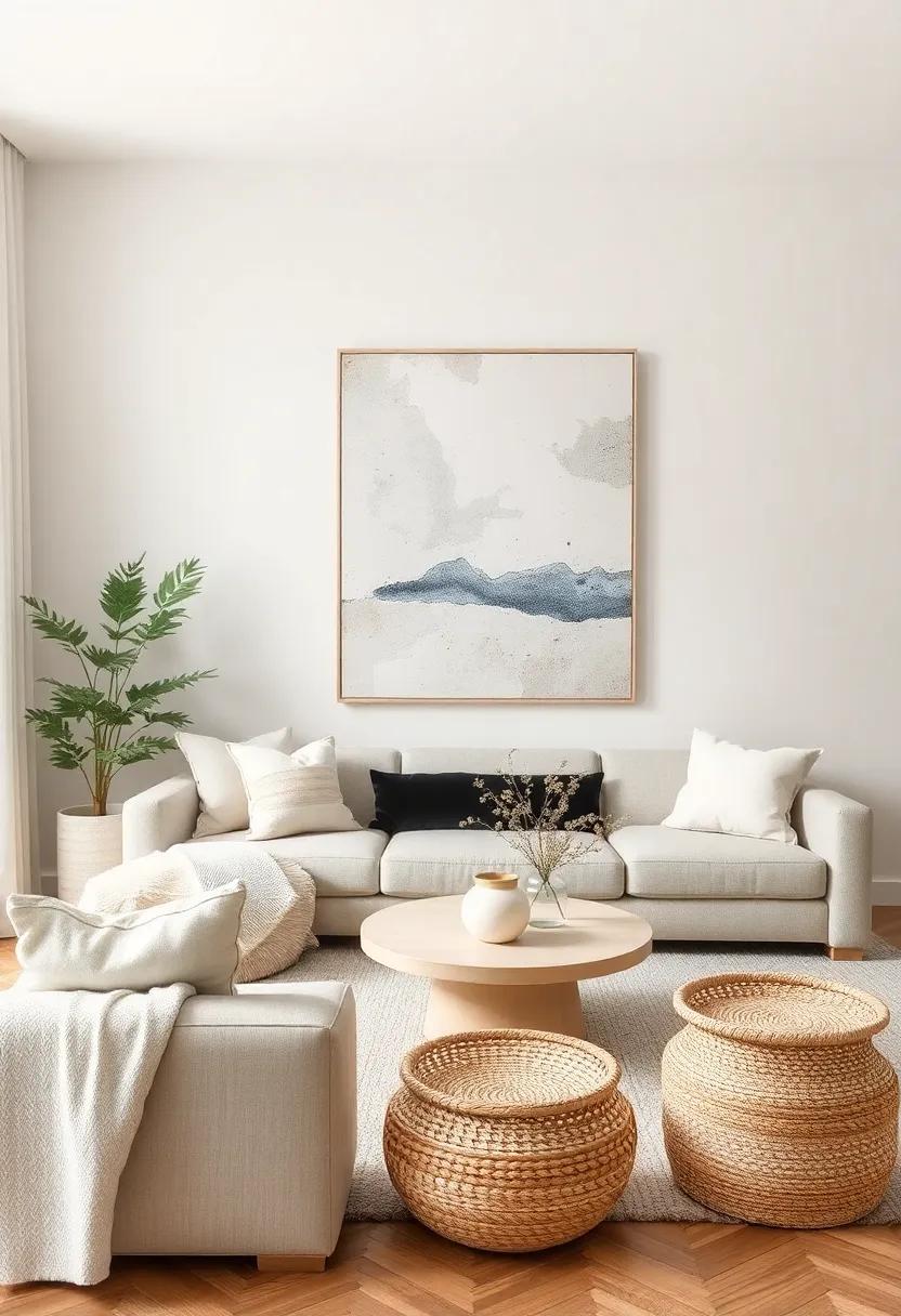 Layer Textures: Combine various materials like soft linens, woven baskets, and polished woods to add depth and interest around your abstract pieces