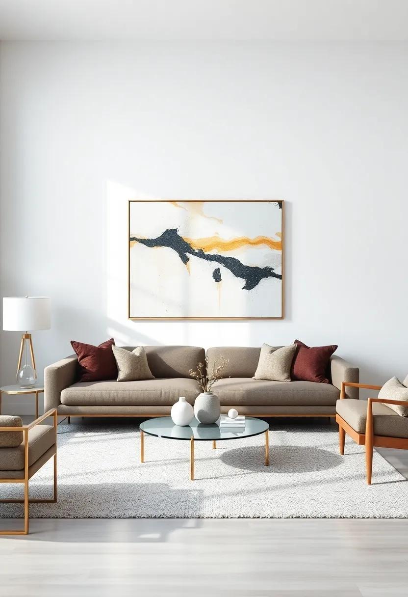 Create a gallery Wall: Arrange a collection of abstract art in different sizes to form an eye-catching gallery wall that serves as a focal point in your living room