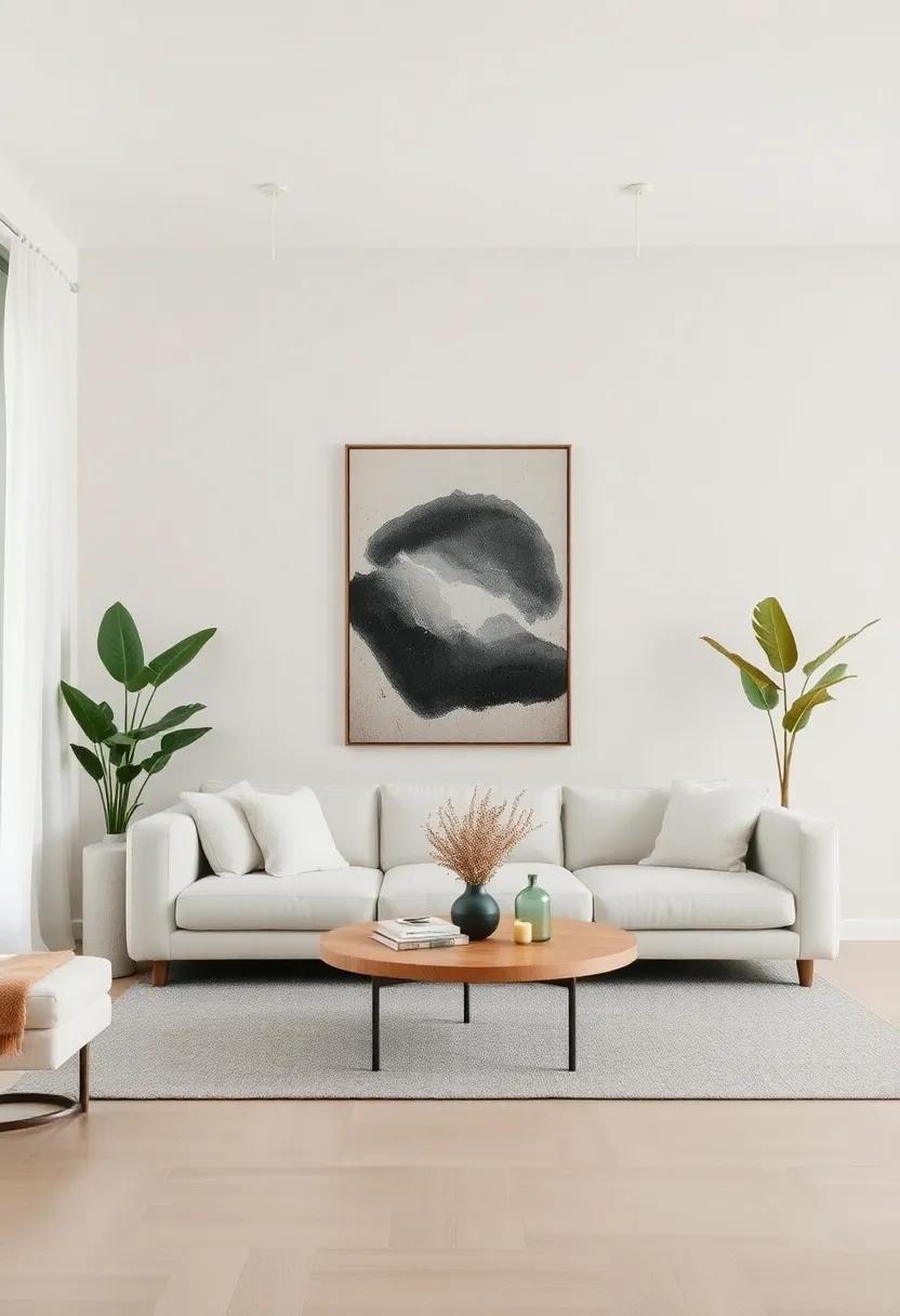 Introduce Natural Elements: Incorporate plants or natural wood furniture to complement the neutrality of your living room and harmonize with the art