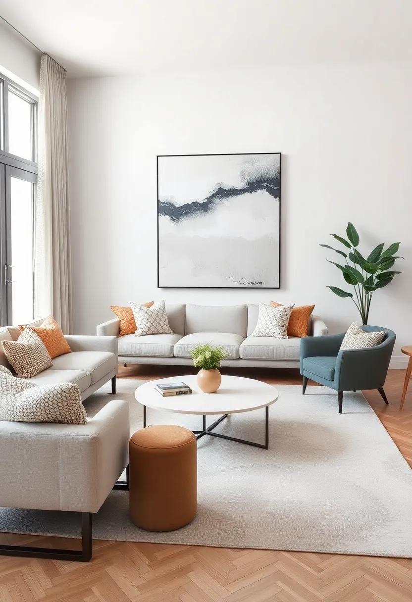 Statement Rugs: Invest in a neutral rug that complements your abstract art and grounds the room visually, providing warmth and texture