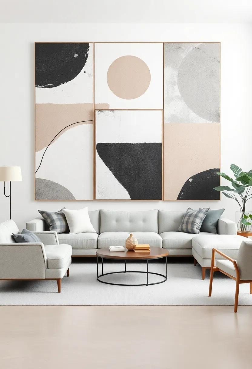 Experiment with Shapes: Incorporate abstract art featuring geometric patterns or organic shapes to bring a modern touch to your living room