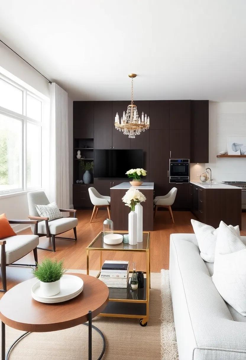 Transition Zones: Transitional spaces,like a small bar cart or a narrow console table,can ease the shift between the kitchen and living room