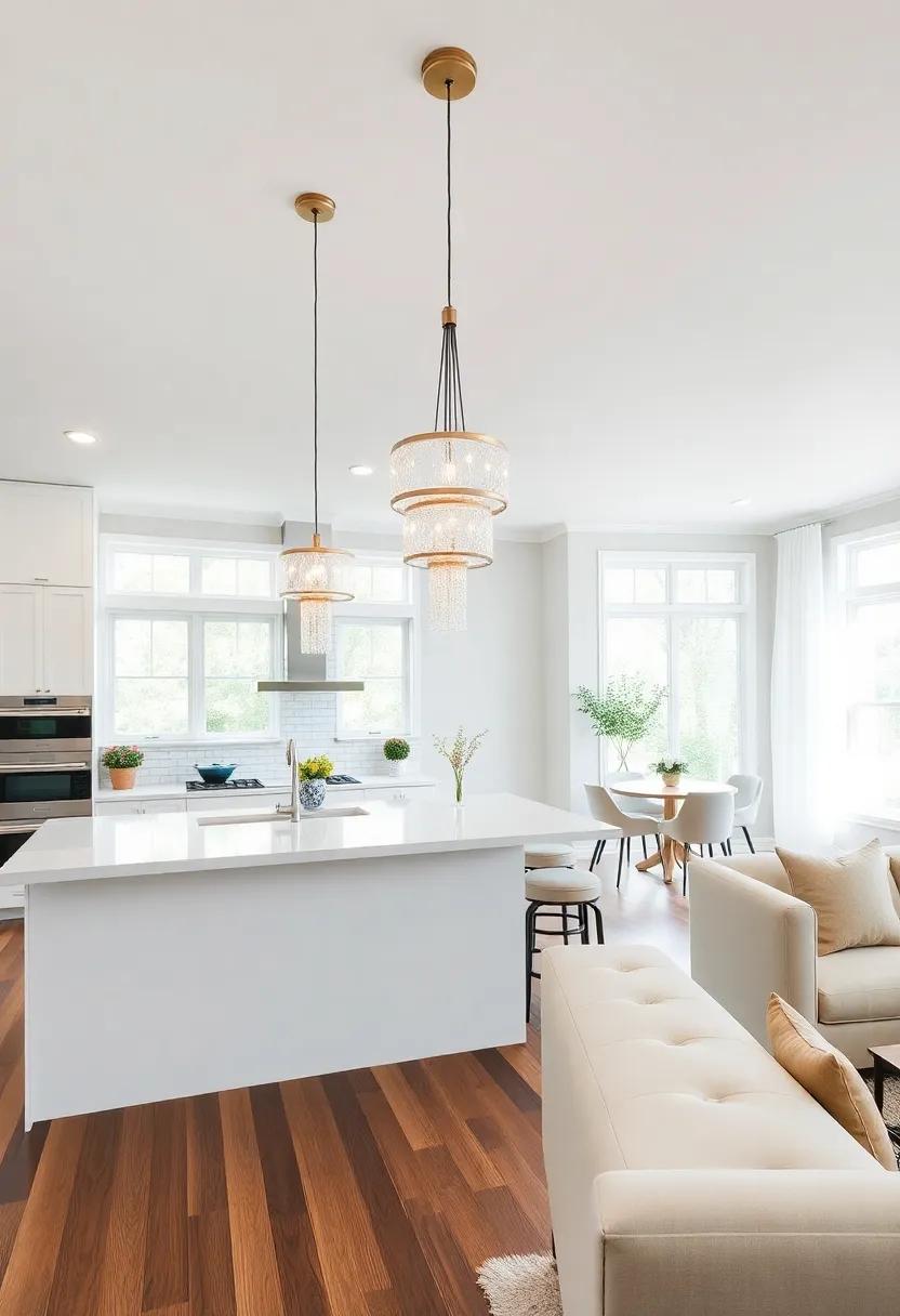 Statement Lighting Fixtures: Choose oversized pendant lights or a dazzling chandelier that draws the eye and sets the mood in both areas
