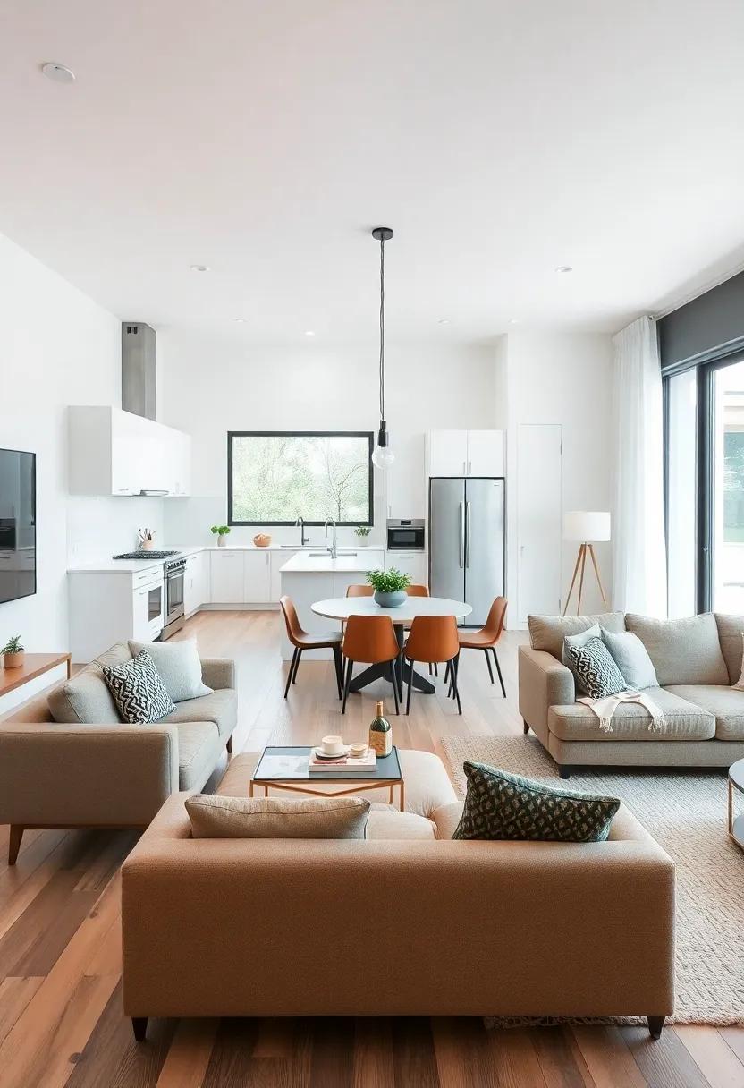 A Balanced Layout: Arrange furniture to create distinct areas for cooking, dining, and lounging while maintaining an open flow for ease of movement