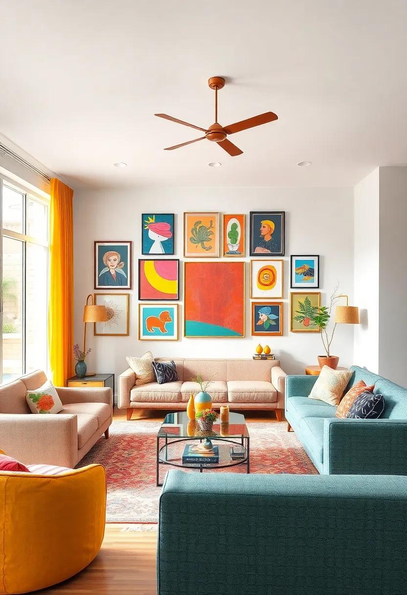 Eclectic Art Gallery: Create a gallery wall featuring a mix of colorful artwork, framed photographs, and even textiles to bring visual interest and personality to the room