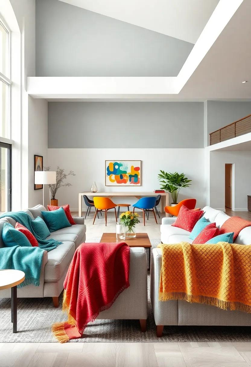 Artistic Throw Blankets: Drape colorful throw blankets over sofas and chairs for texture and warmth, while also introducing dynamic colors