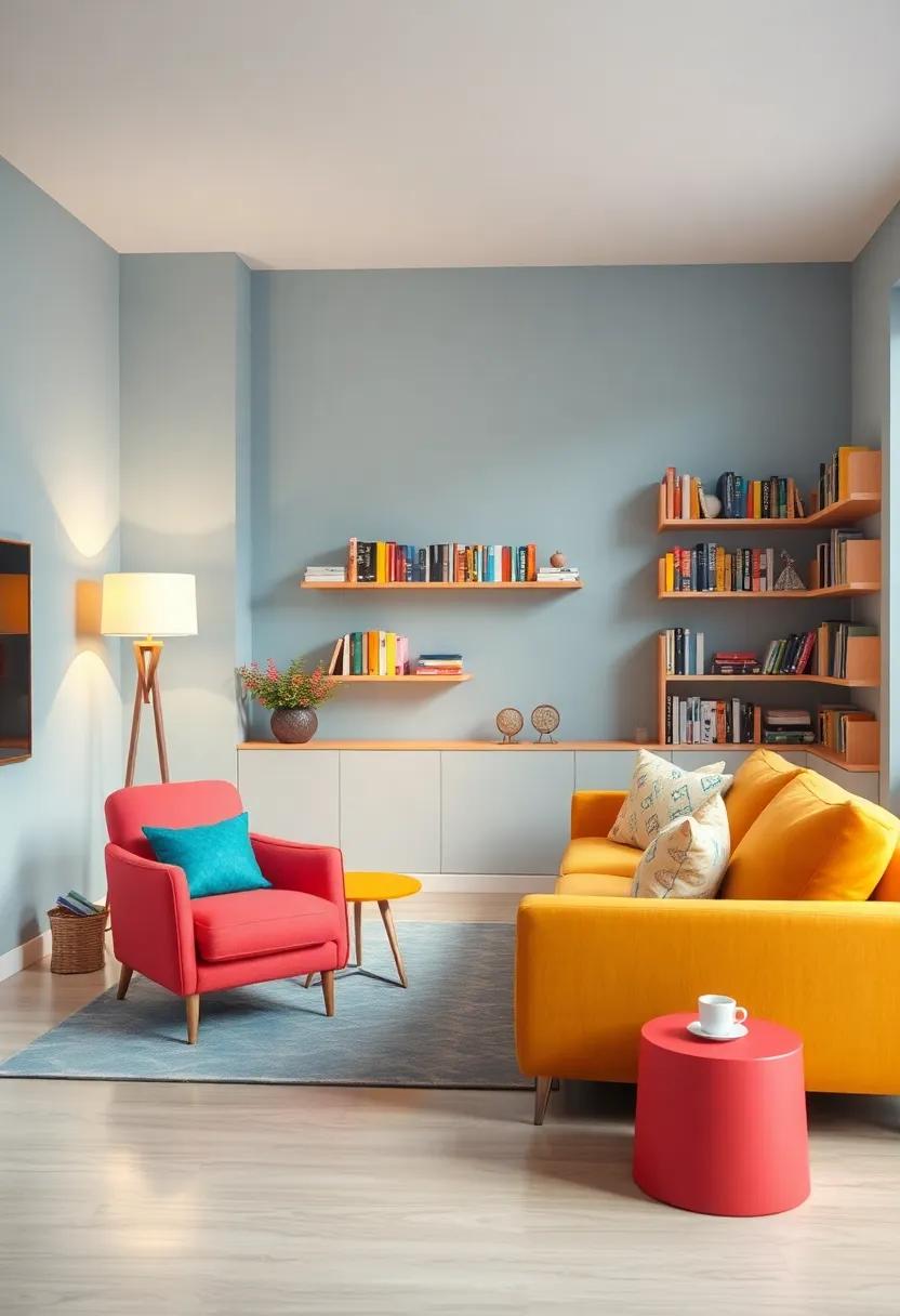 Cozy Reading Nook: Create a vibrant reading corner with a colorful chair, a bright floor lamp, and shelves filled with colorful books