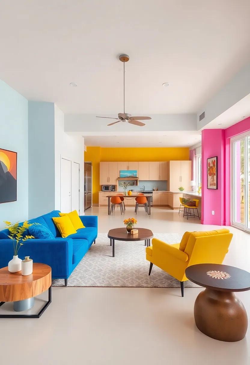 Colorful Furniture Choices: Incorporate furniture pieces in bright hues, such as a cobalt blue sofa or a sunny yellow chair, to instantly elevate the energy of the space