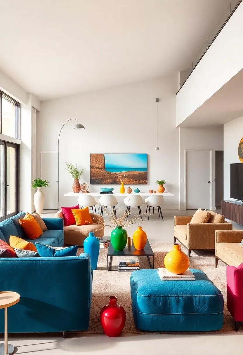 Accessorize with Colorful Decor: Incorporate vibrant decorative items such as vases, sculptures, and knick-knacks that pop against neutral backgrounds