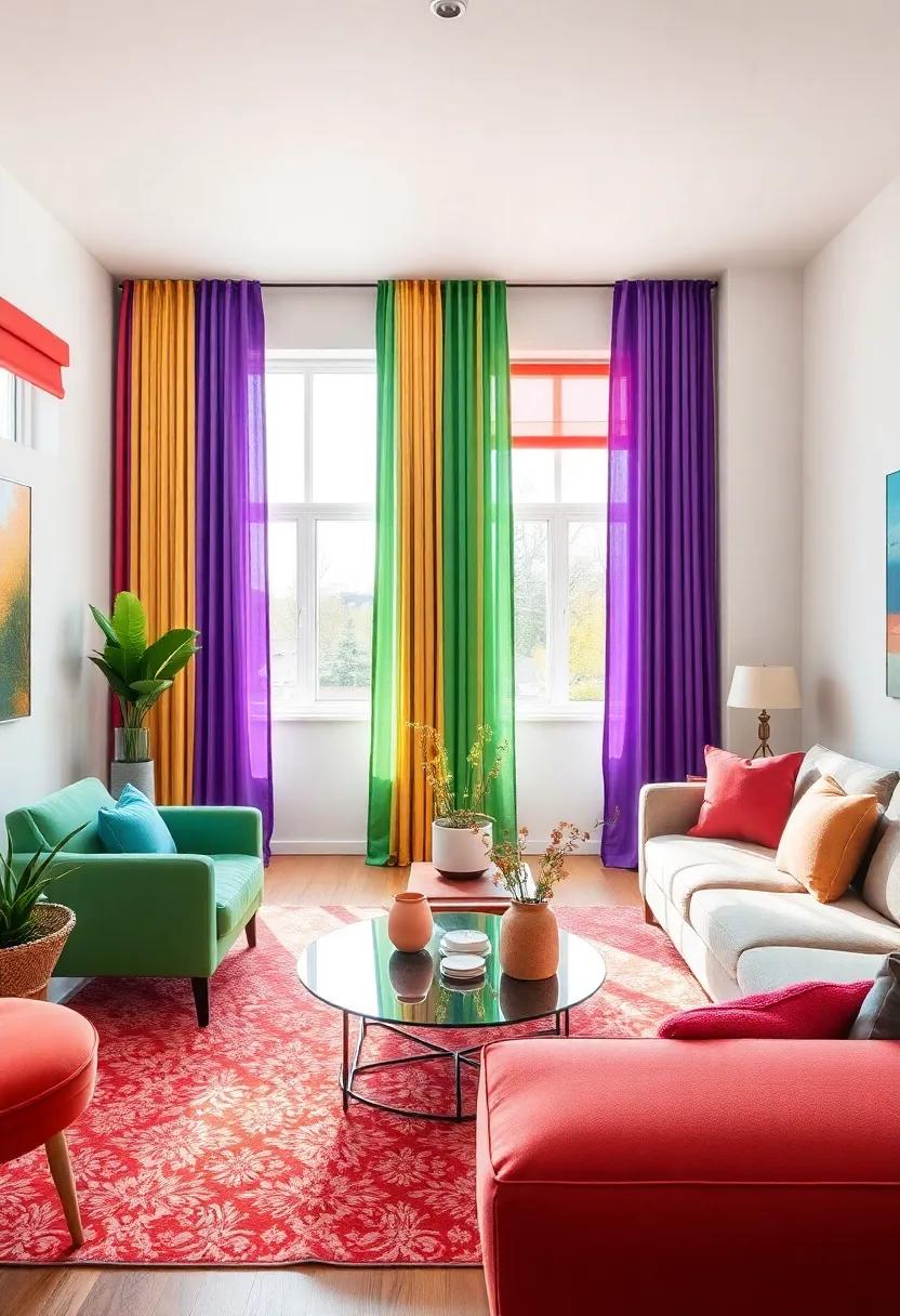 Vibrant Area Rugs: Layer your floors with a bold area rug that incorporates an array of bright colors, tying together the various elements of your space
