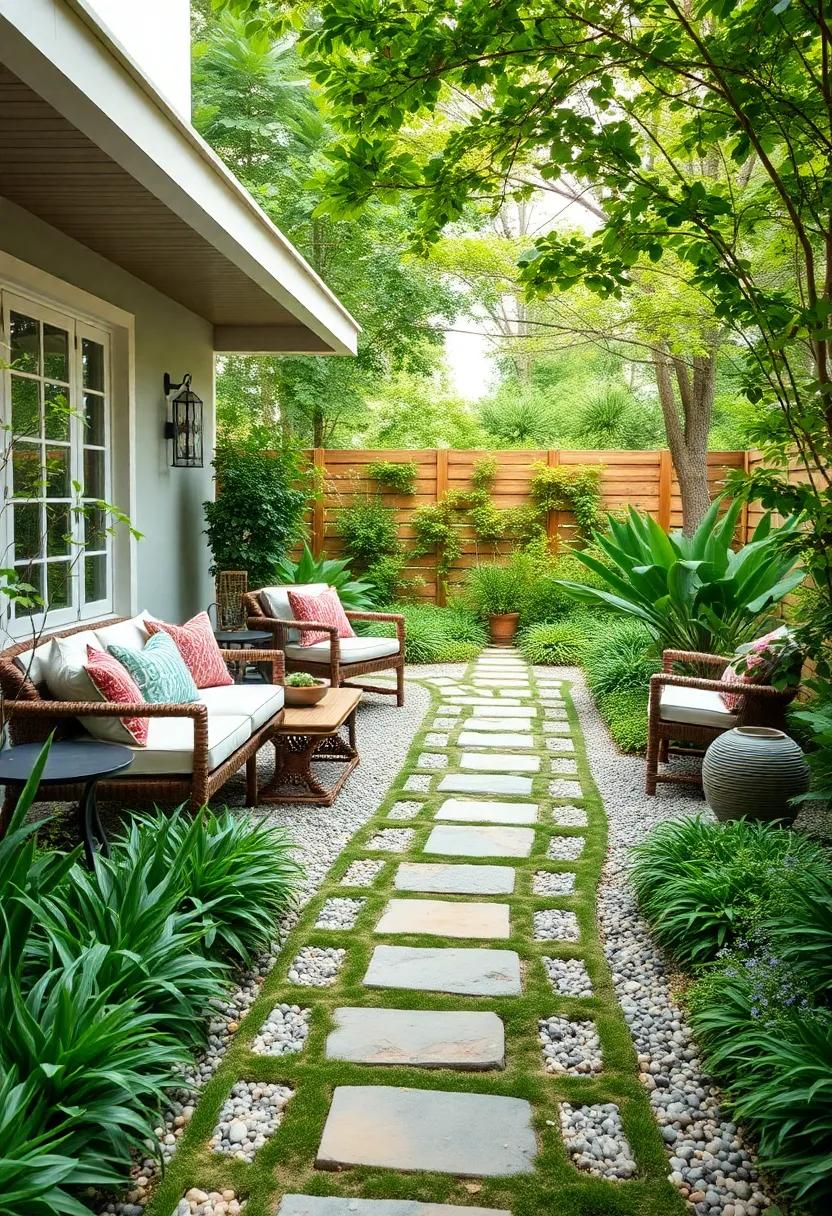 Charming Garden Pathway: Guide guests through your outdoor oasis with a winding pathway of stone, gravel, or stepping stones, bordered by lush greenery