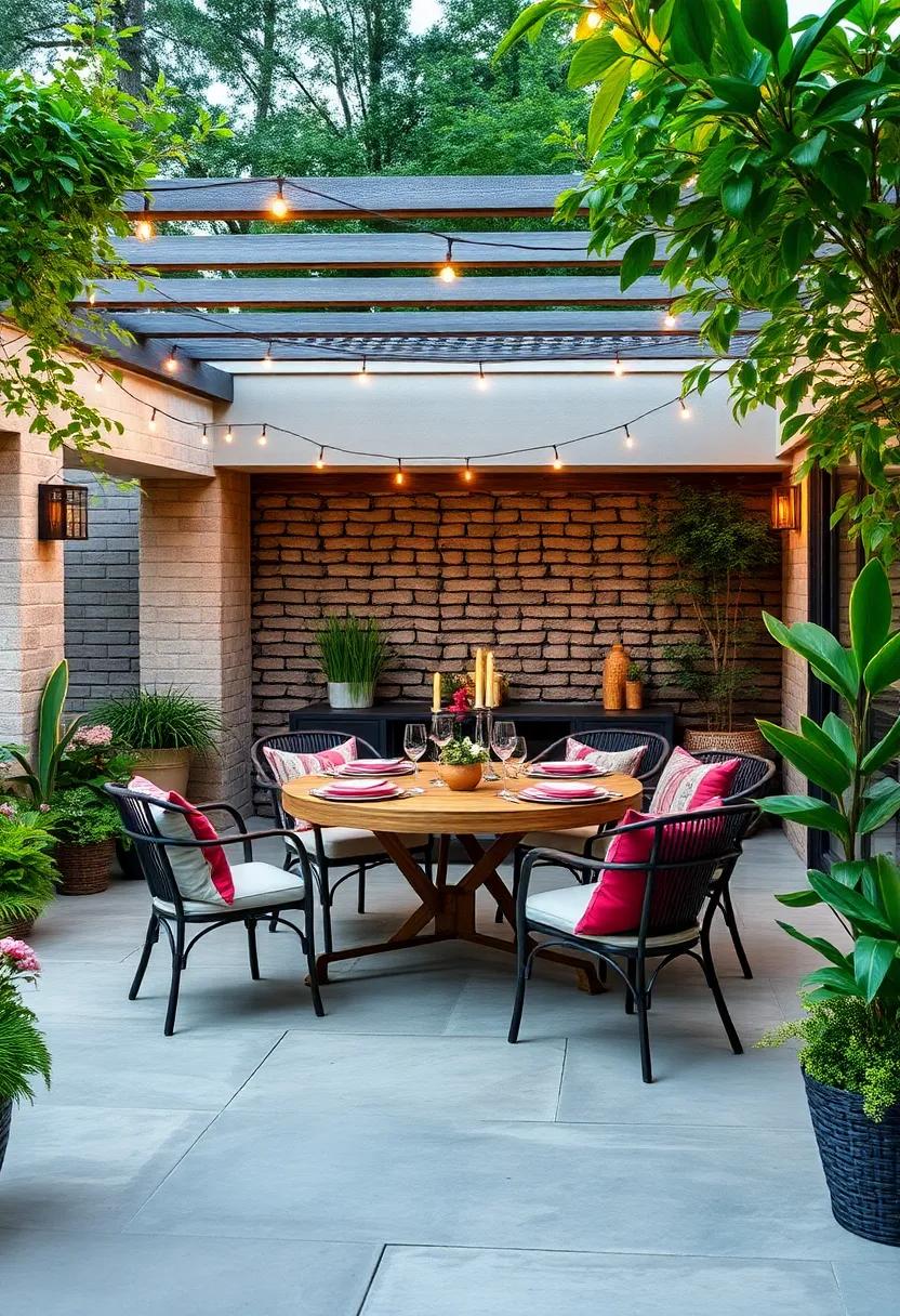 Chic Outdoor Dining Area: set the stage for al fresco dining with a stylish table and chairs adorned with colorful tableware and twinkling fairy lights