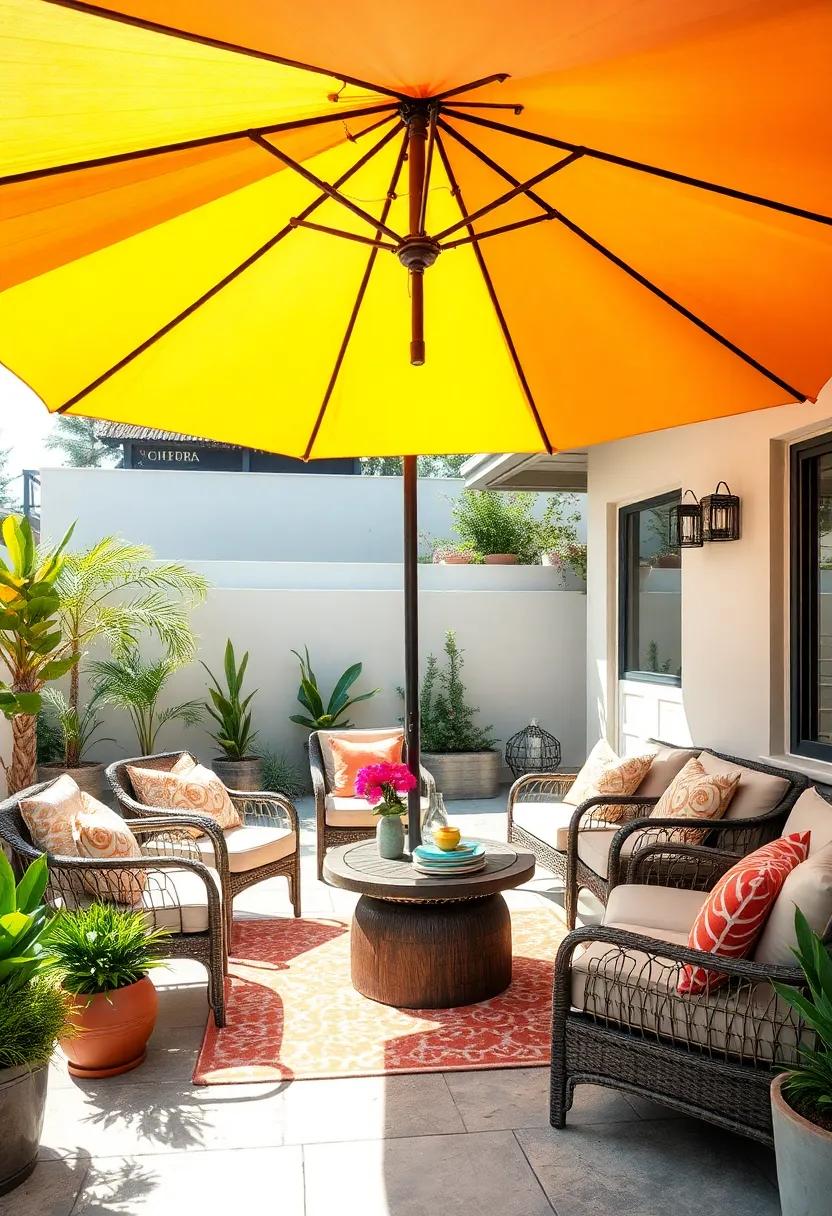Colorful patio Umbrella: Embrace the sunny days with a vibrant patio umbrella that adds shade and a splash of color to your outdoor dining or lounging area