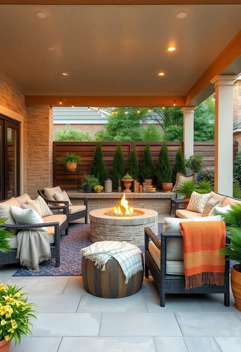 Cozy Fire Pit Lounge: Create an inviting atmosphere with a stunning fire pit surrounded by comfortable seating and soft blankets for chilly evenings