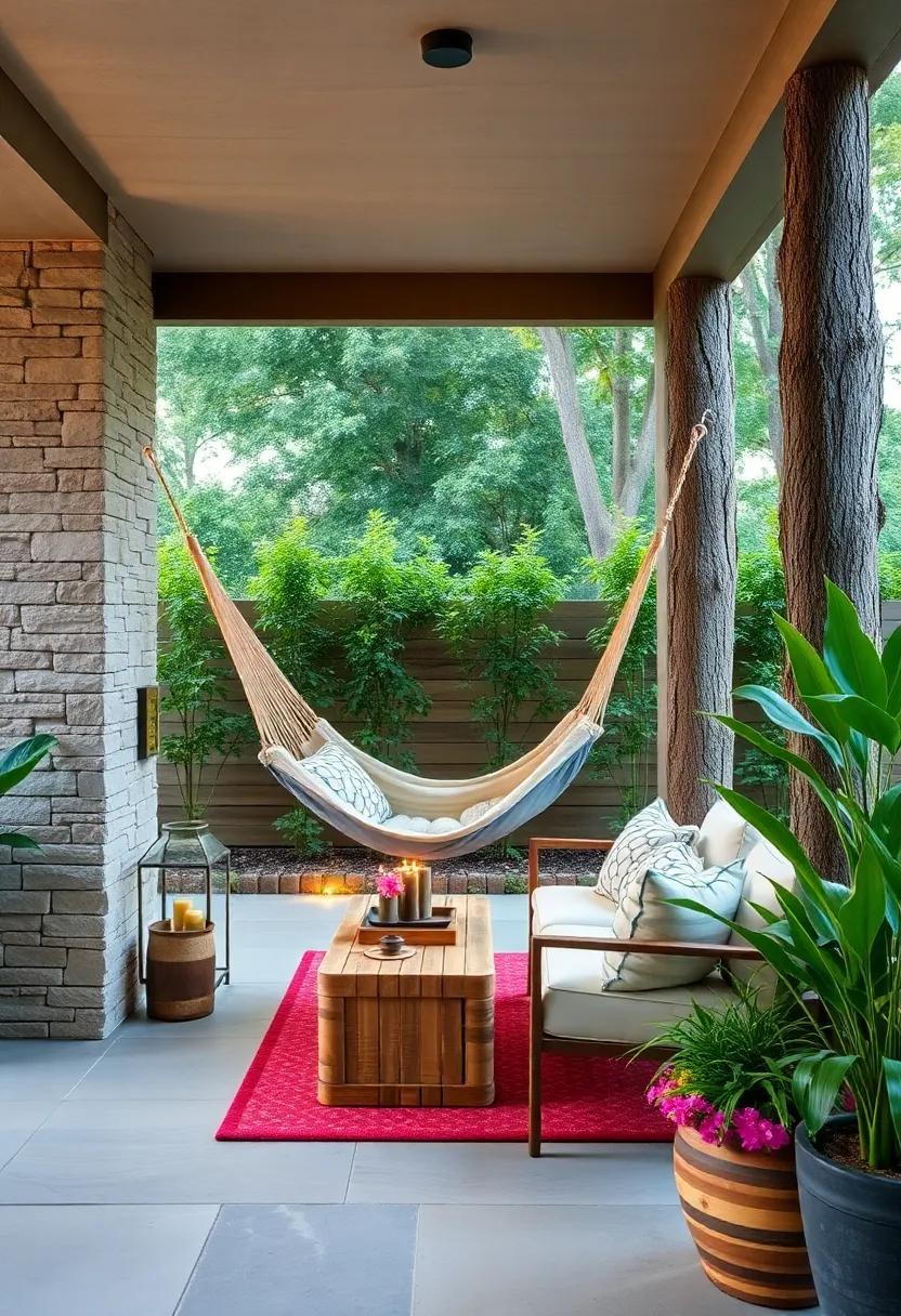 Inviting Hammock Nook: Hang a comfortable hammock between trees or posts for a cozy space where you can curl up with a good book or take a refreshing nap