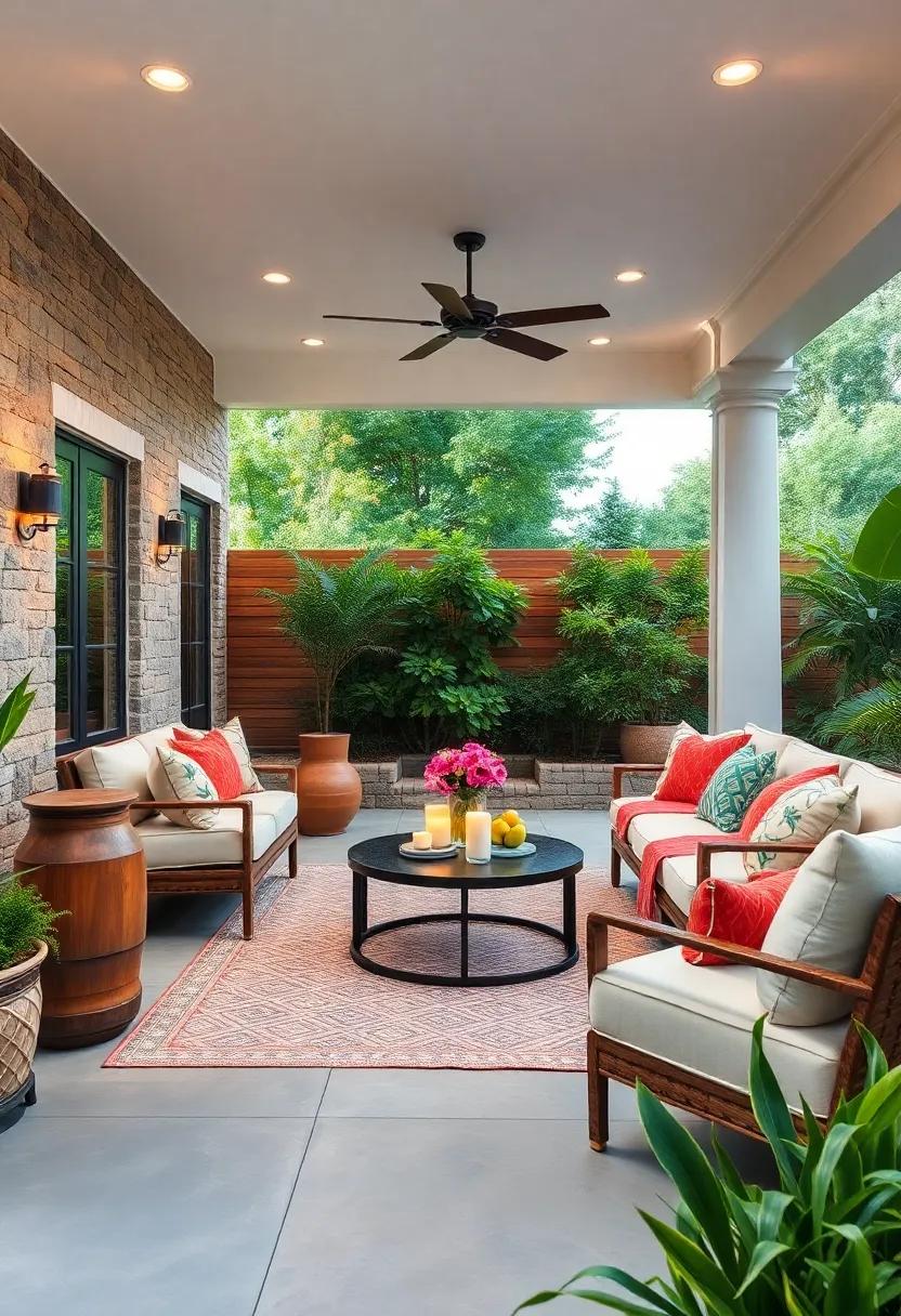 Luxurious Outdoor Living Room: Create a sophisticated outdoor living room with plush furniture, decorative cushions, and a rug to extend your indoor comforts outside