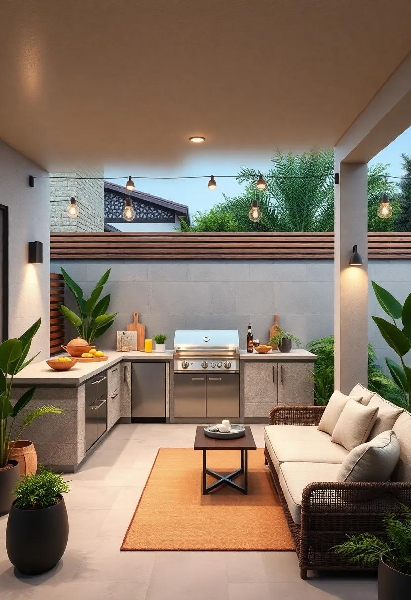 Minimalist Outdoor Kitchen: Equip your patio with a sleek, minimalist outdoor kitchen, complete with a grill, sink, and countertop for the ultimate cooking experience