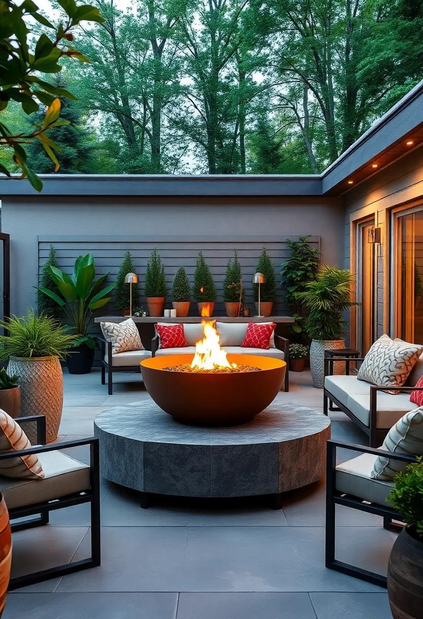 Modern Fire Bowl Feature: Introduce a contemporary fire bowl as a stunning focal point for your patio, perfect for roasting marshmallows and creating lasting memories