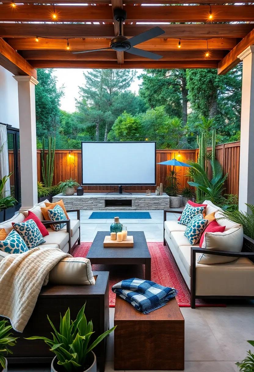 Outdoor Cinema Experience: Set up a projector and comfortable seating to host movie nights under the stars, complete with popcorn and cozy blankets