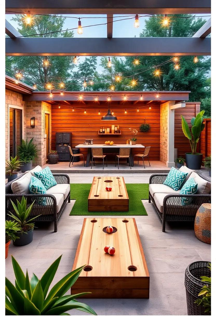 Playful Outdoor Games Area: Incorporate fun elements like a bocce ball court, cornhole setup, or giant Jenga to ensure entertainment for family and friends
