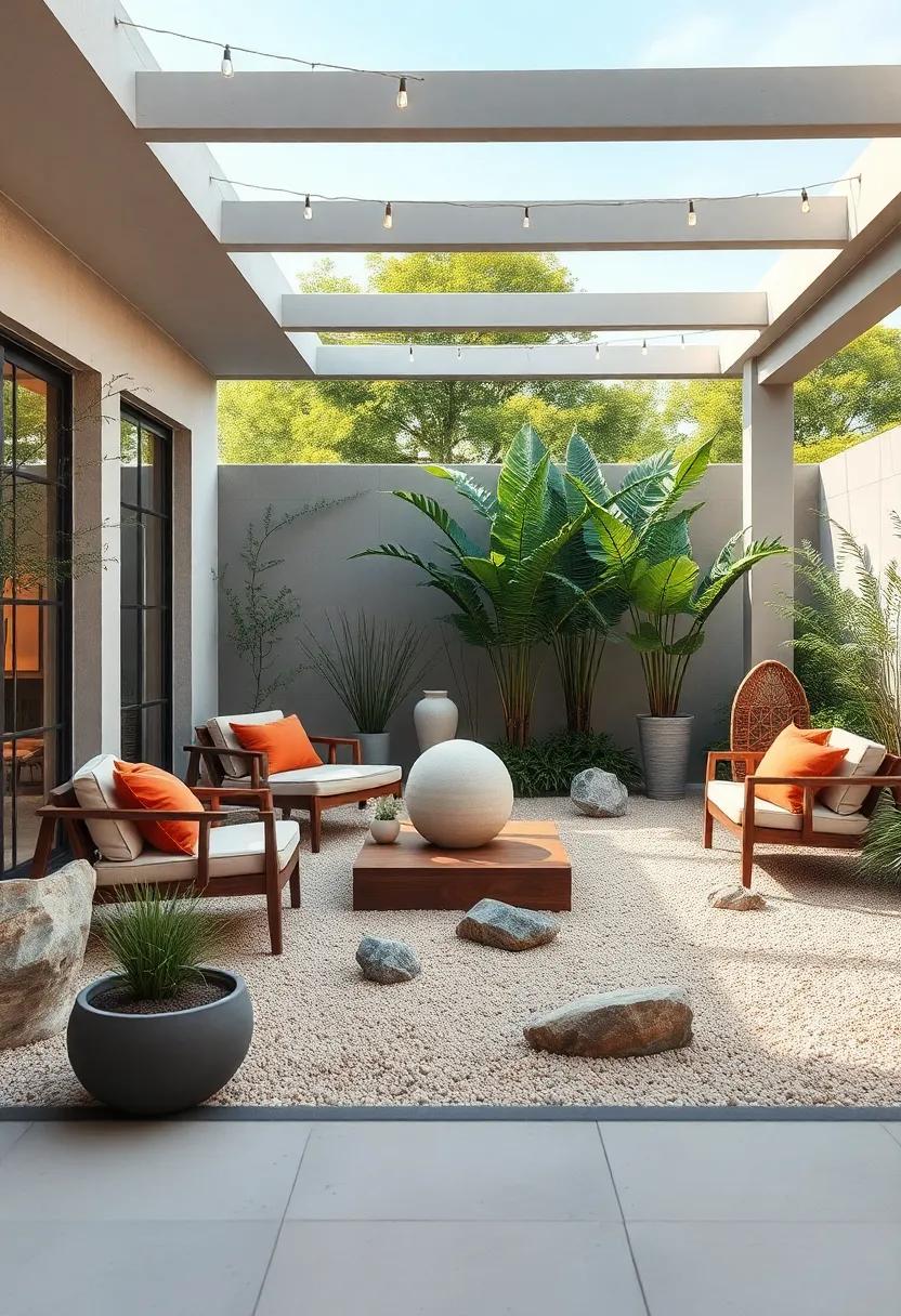 Serene Zen Garden: Design a tranquil zen garden featuring sand, stones, and minimalist sculptures to promote mindfulness and relaxation