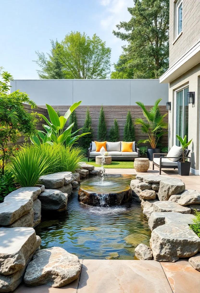 Sparkling Water Feature: Introduce a pond, fountain, or small waterfall to create soothing sounds and a soothing atmosphere in your outdoor space