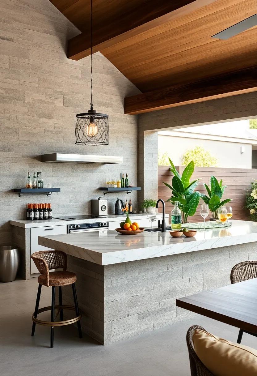 Outdoor Bar Area: Create a counter dedicated to cocktails and beverages with built-in ice bins and drink holders for ultimate entertaining