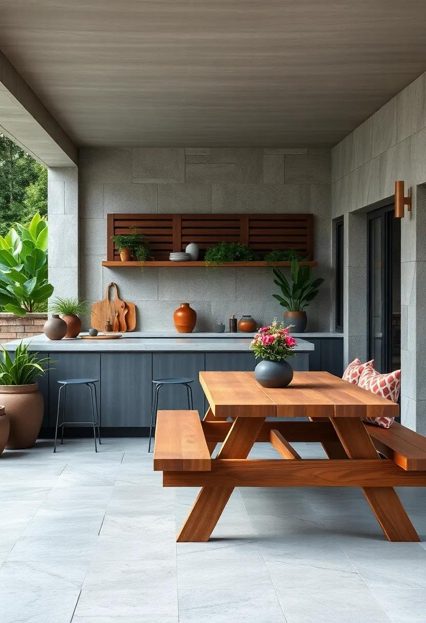 Picnic Table Integration: combine a countertop with a picnic table setup, blurring the lines between dining and food preparation areas