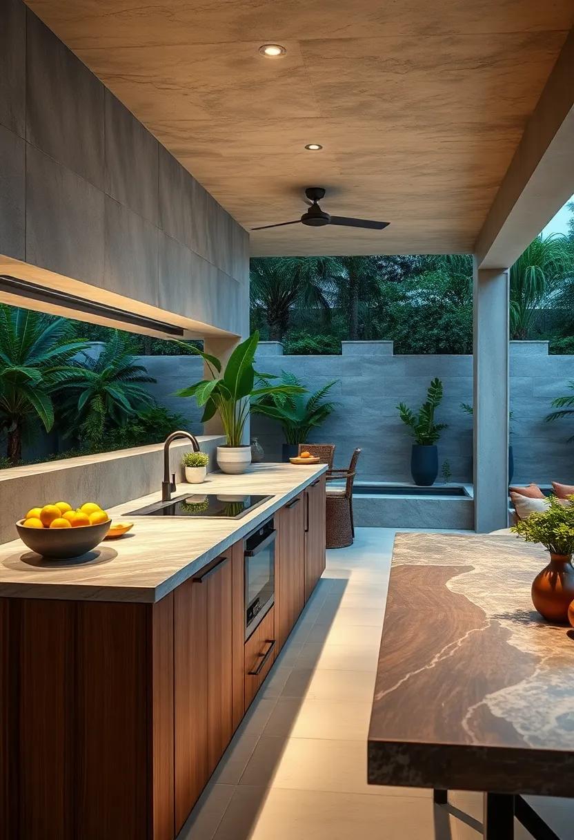 Versatile Materials: Experiment with a mix of materials such as wood, stone, and resin to create dynamic surfaces that suit various cooking needs